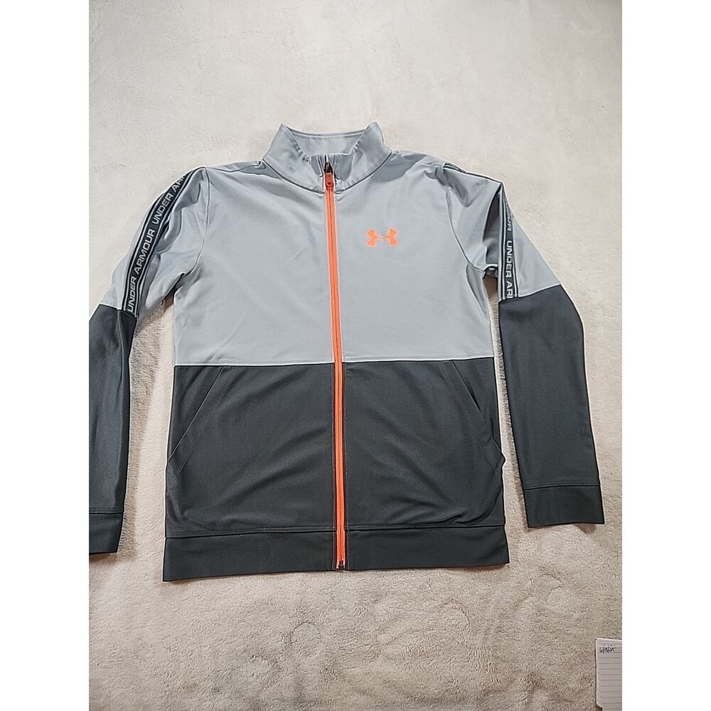 YXL Under Armour HeatGear full-zip jacket in a black and grey color-block...